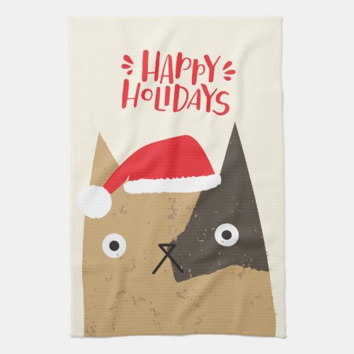 Happy Holidays Cute Santa Cat Cartoon _ Christmas Kitchen Towel