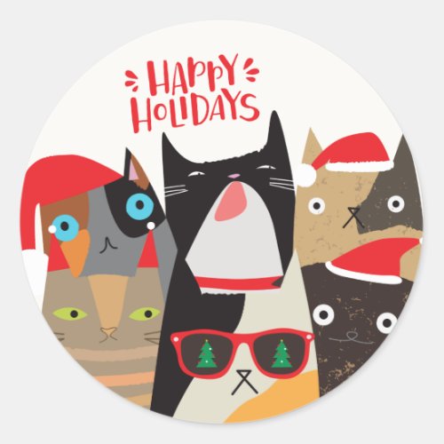 Happy Holidays Cute Santa Cat Cartoons Christmas Classic Round Sticker