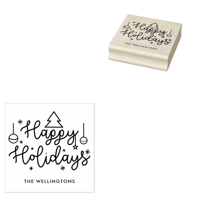 Happy Holidays Cute Script Family Name Rubber Stamp (Stamped)