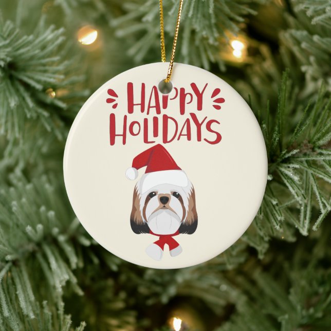 Happy Holidays - Cute Shih Tzu Christmas Ceramic Ornament (Tree)