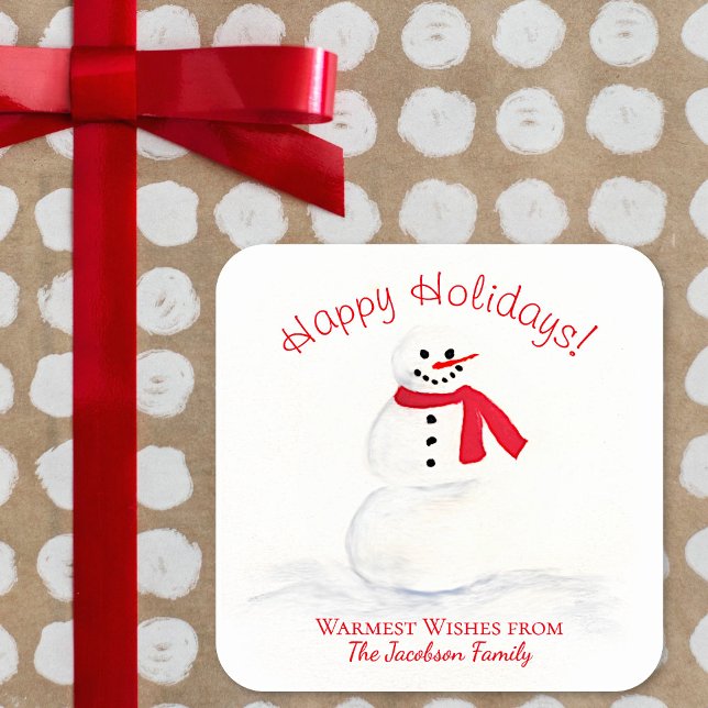 Happy Holidays Cute Smiling Snowman Christmas Square Sticker (In Situ on Christmas Package)