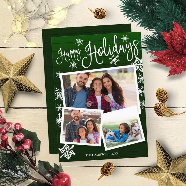 Happy Holidays Cute Snowflake Rustic 3 Photos Invitation (Creator Uploaded)