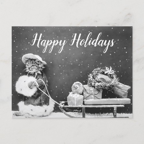 Happy Holidays Cute Vintage Cat and Sleigh Holiday Postcard