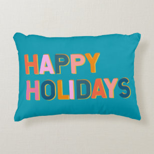 Happy Holidays Cute Whimsical Typography Blue Accent Pillow