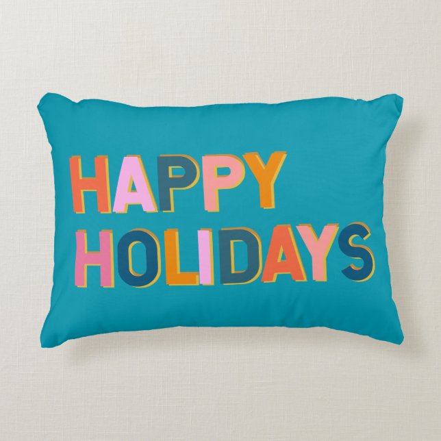 Happy Holidays Cute Whimsical Typography Blue Accent Pillow (Front)