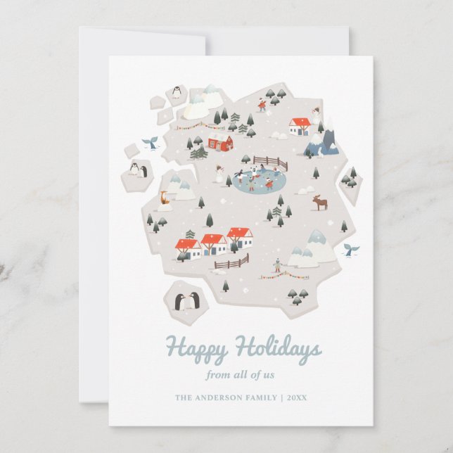 Happy Holidays. Cute winter map. Christmas penguin Holiday Card (Front)
