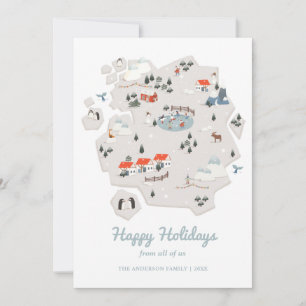 Happy Holidays. Cute winter map. Christmas penguin Holiday Card