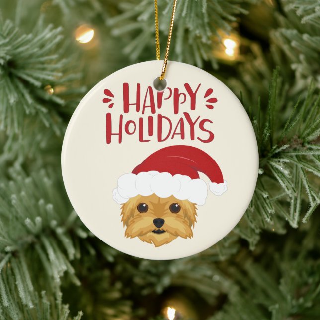 Happy Holidays - Cute Yorkshire Terrier Christmas Ceramic Ornament (Tree)