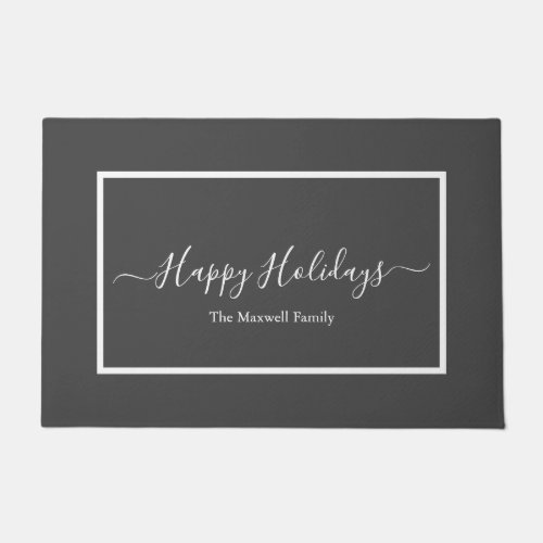 Happy Holidays dark gray white family name  Doormat