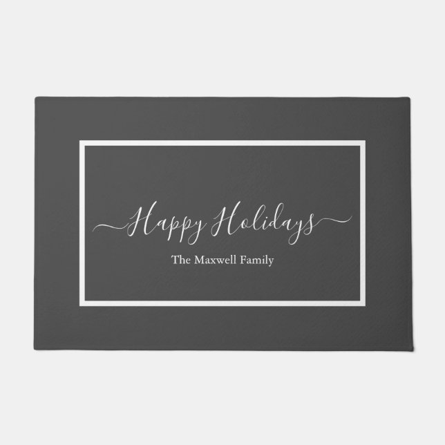 Happy Holidays dark gray white family name  Doormat (Front)