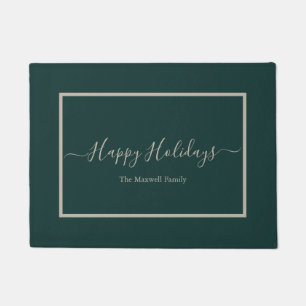 Happy Holidays dark green family name  Doormat