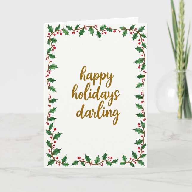 Happy Holidays Darling Watercolor Holly Card (Front)