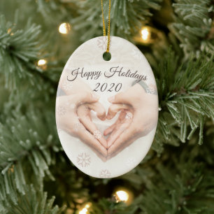Happy Holidays & Date. Elegant photo heart hands Ceramic Ornament