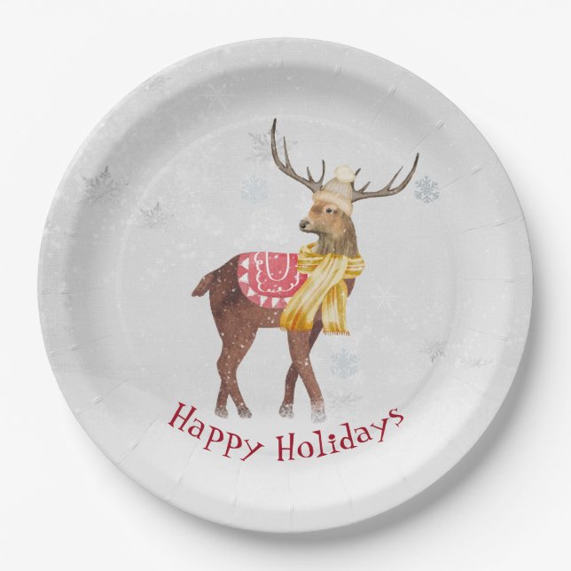 Happy Holidays Deer In Snow Paper Plates (Front)