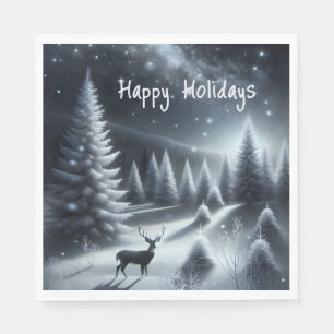 Happy Holidays Deer In Winter Forest Napkins