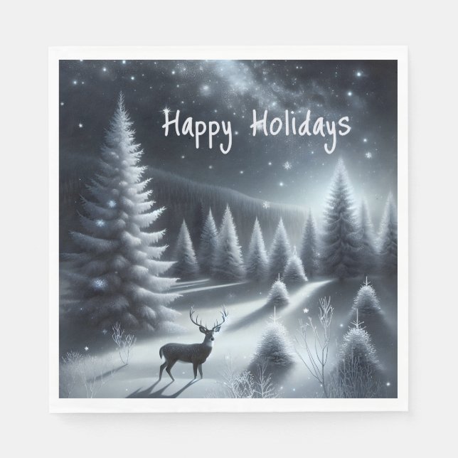 Happy Holidays Deer In Winter Forest Napkins (Front)