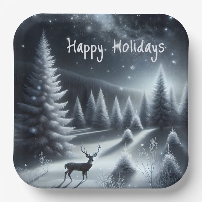 Happy Holidays Deer In Winter Forest Paper Plates (Front)
