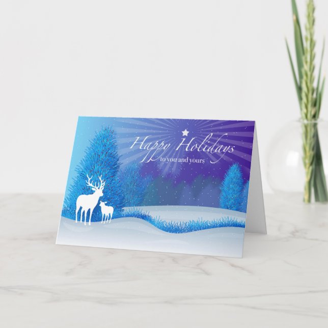 Happy Holidays Deer in Winter Woods at Night Card (Front)