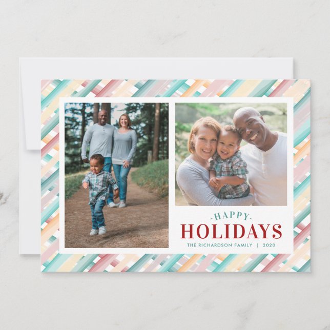 Happy Holidays Diagonal Stripes 2 Photos Christmas Holiday Card (Front)