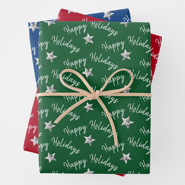 Happy Holidays Diamond Stars Wrapping Paper Sheets (In situ)