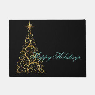 Happy Holidays Doormat Gold & Aqua