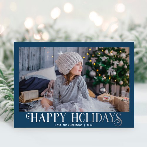 Happy Holidays dusty blue silver Modern one photo Foil Holiday Card