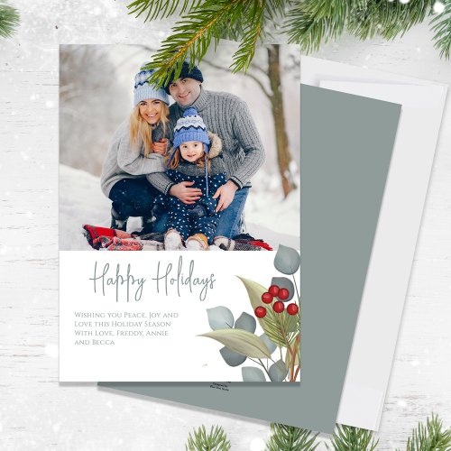 Happy Holidays Elegant Botanical Greenery Berries  Holiday Card