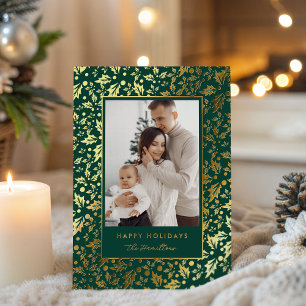 Happy Holidays Elegant Holly Berry Green Foil Holiday Card