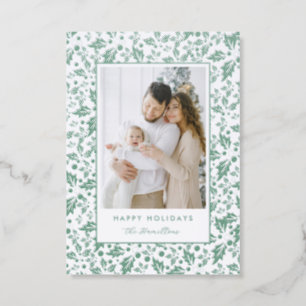 Happy Holidays Elegant Holly Berry Green Letterpress Photo Cards