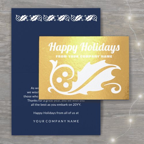 Happy Holidays Elegant Holly Corporate Gold Real Foil Card