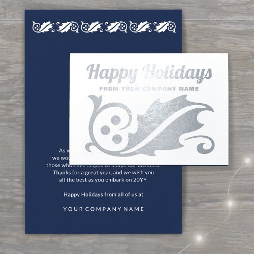 Happy Holidays Elegant Holly Corporate Silver Real Foil Card