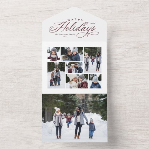 Happy holidays elegant maroon photo collage all in one invitation