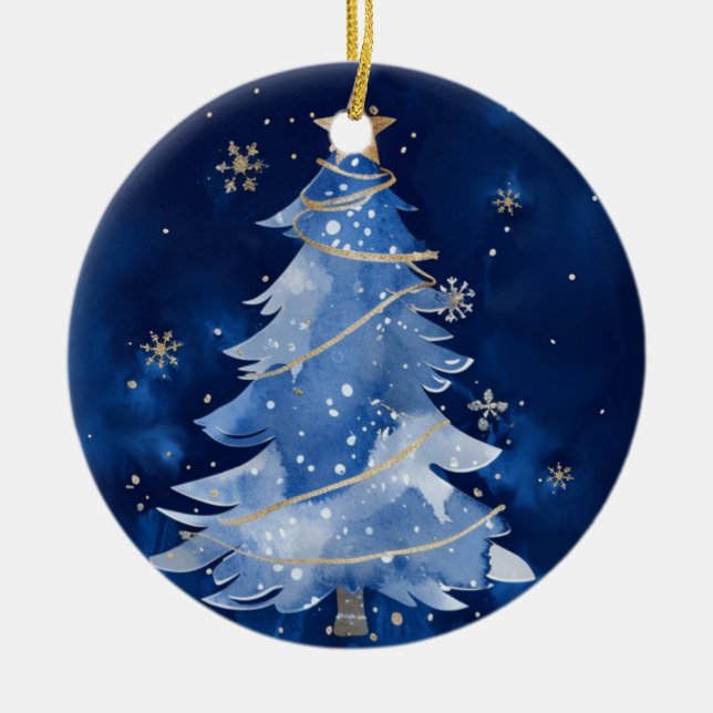  Happy Holidays Elegant Navy Gold Christmas Ceramic Ornament (Front)