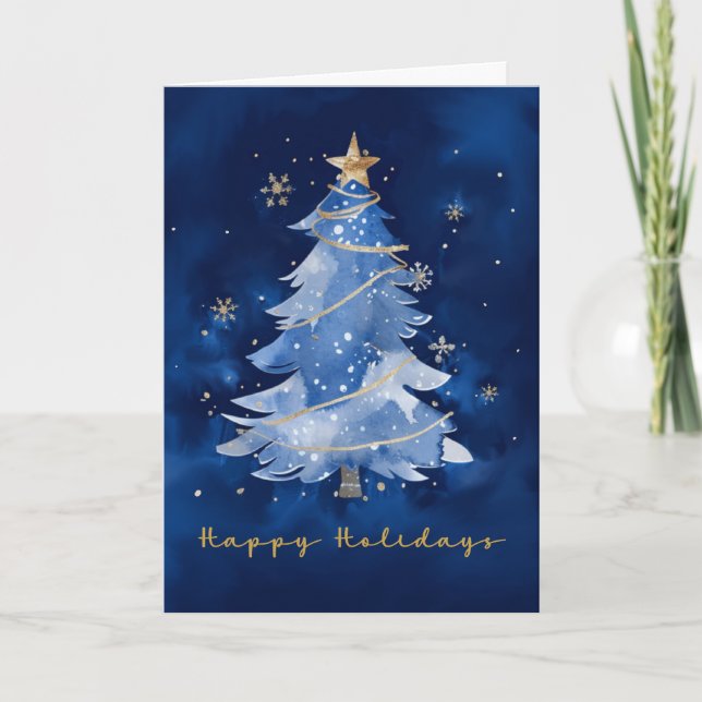 Happy Holidays Elegant Navy Gold Christmas Tree Card (Front)