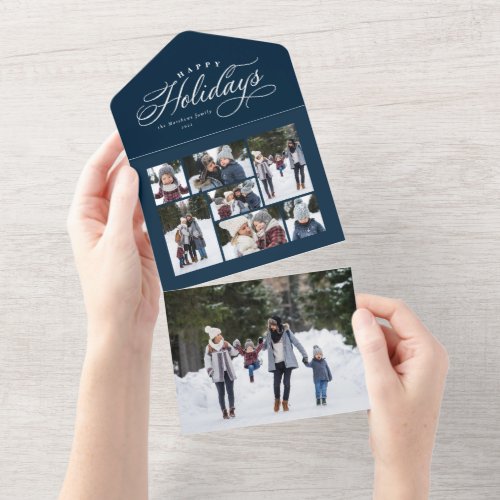 Happy holidays elegant photo collage navy trifold all in one invitation