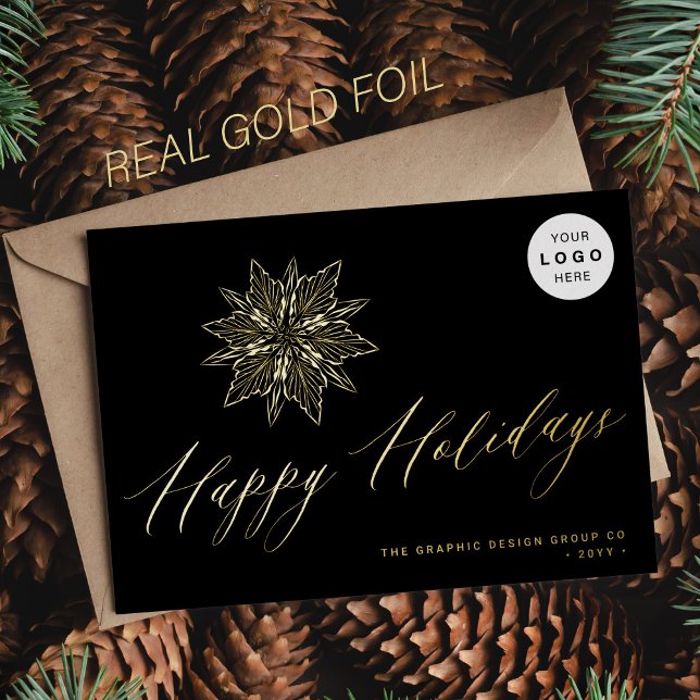 Happy Holidays elegant script corporate LOGO black Foil Holiday Card (You can choose the color of the FOIL: GOLD, ROSE GOLD, or SILVER.)