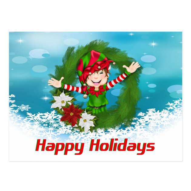 Happy Holidays Elf In Wreath Postcard