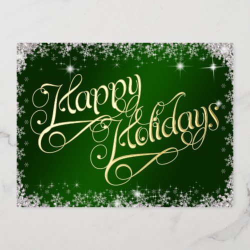 Happy Holidays Emerald Green Typography Diamonds Foil Holiday Postcard