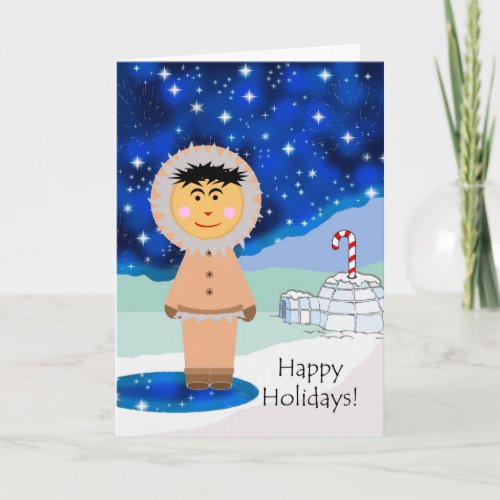 Happy Holidays Eskimo Greetings Winter Scene Holiday Card