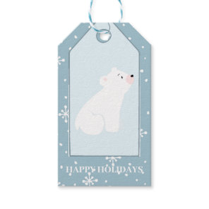Happy Holidays falling snow polar bear dusty blue Gift Tags