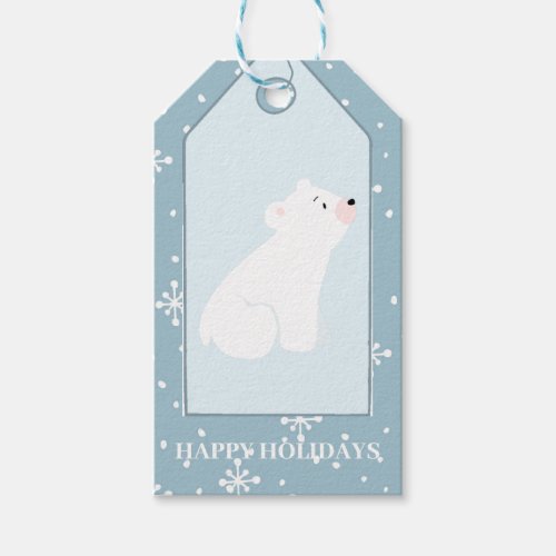 Happy Holidays falling snow polar bear dusty blue Gift Tags