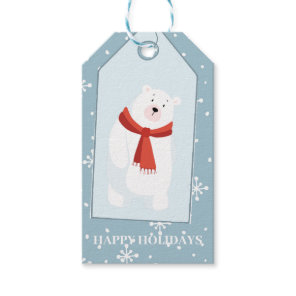Happy Holidays falling snow polar bear dusty blue Gift Tags