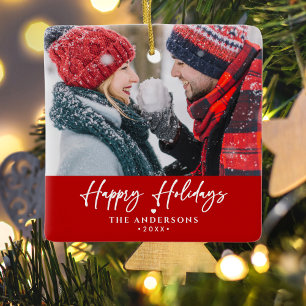 Happy Holidays Family/Couple's Names 2-Photo Ceramic Ornament