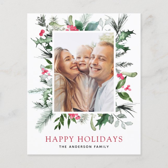 Happy Holidays Family Greenery Photo Card Flyer (Front)