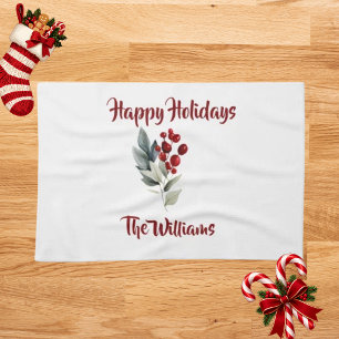 Happy Holidays Family Name Christmas Cherry Kitchen Towel