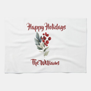 Happy Holidays Family Name Christmas Cherry Kitchen Towel