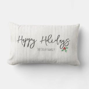 HAPPY HOLIDAYS Family NAME Holly White Barn Lumbar Pillow