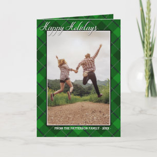 Happy Holidays Family Photo Green Tartan Style Card