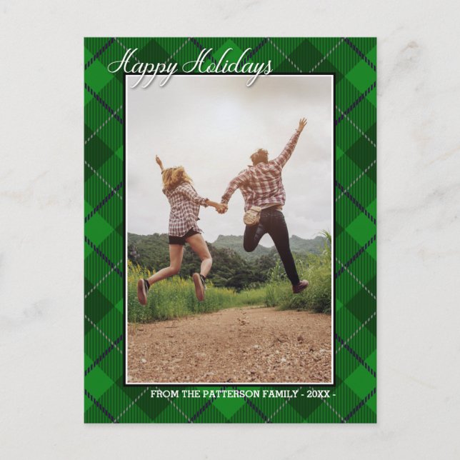 Happy Holidays Family Photo Green Tartan Style Postcard (Front)