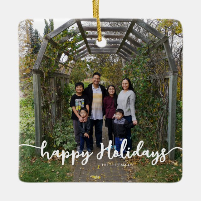 Happy Holidays Family Photo Lettering Modern Chic Ceramic Ornament (Front)